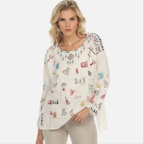 BIYA JOHNNY WAS White Cotton Rondo Crew Neck Long Sleeve Tunic Top XL BLOUSE - Picture 1 of 12